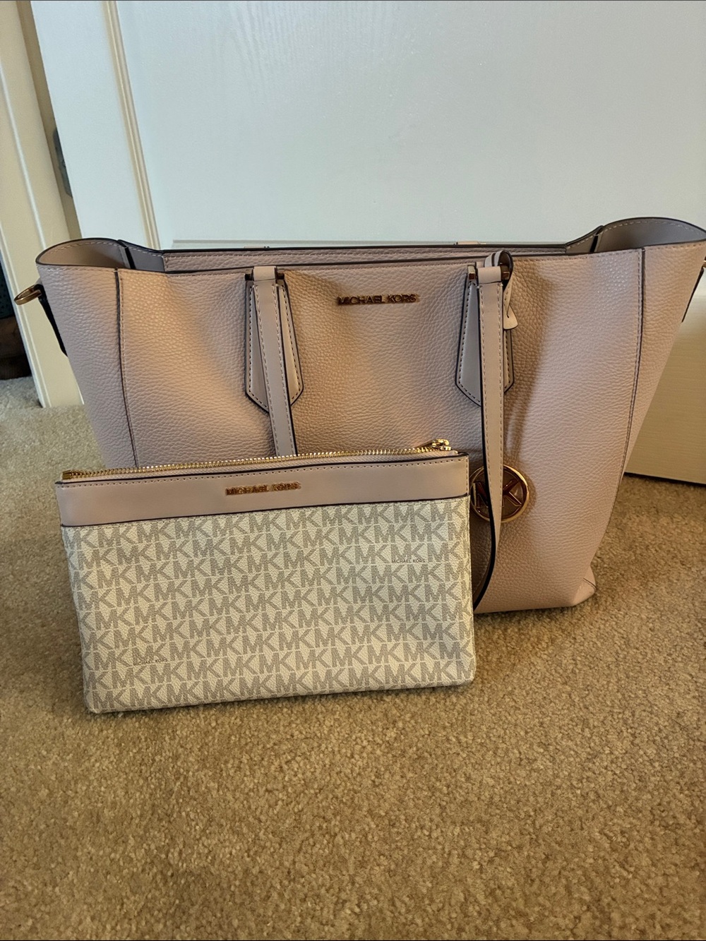Michael Kors Dusty Pink Pebbled Leather Tote with Gold Hardware and Clutch
